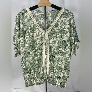 Floral Print V-Neck Tunic w/Crochet Trim & elastic waist - Green/ cream boho